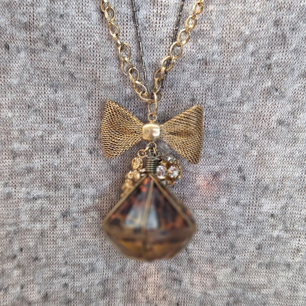 Betsey Johnson Leopard Print Gem Bow Cherub Double Strand Long Necklace Gold